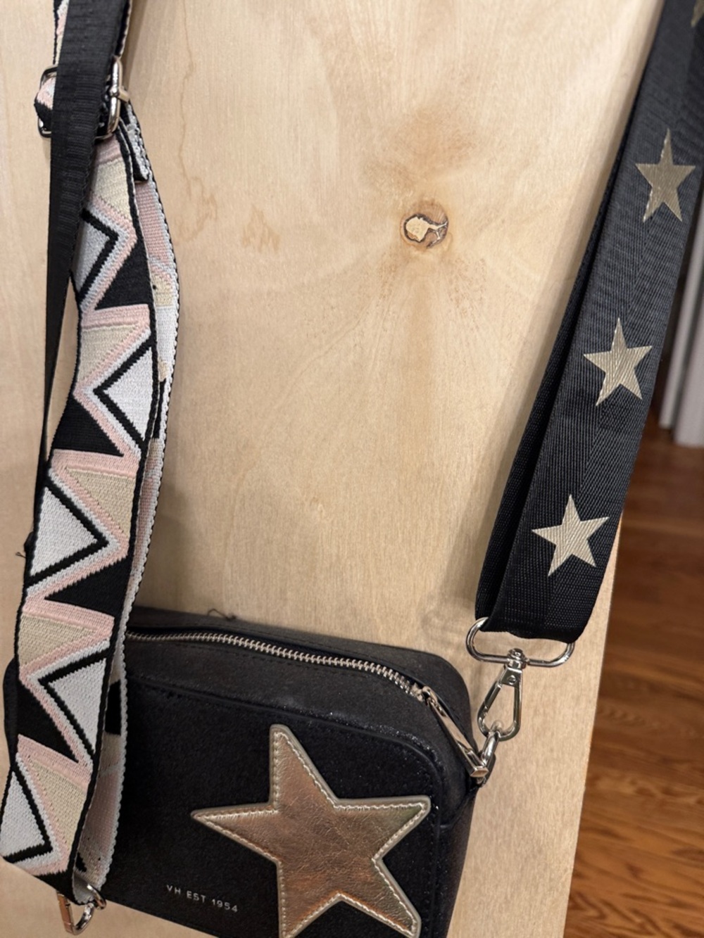 Black Crossbody Bag with Olive Star Accent and Patterned Strap - Picture 4 of 4